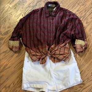 Burgundy plaid longsleeve shirt with white shorts